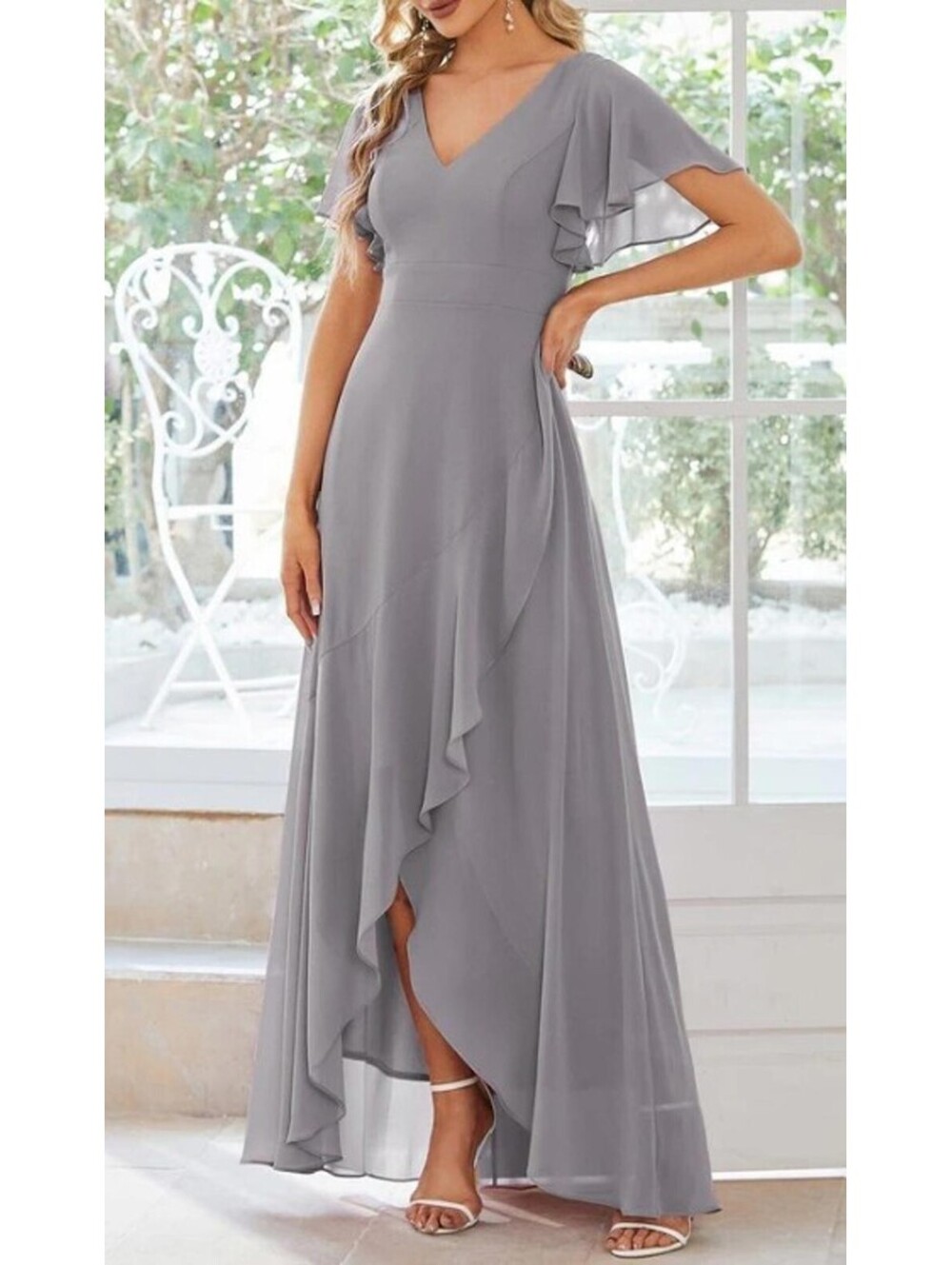 Ever Pretty Gray Chiffon Bridesmaid Dress 2XL US 16 Flutter Sleeve Formal Gown